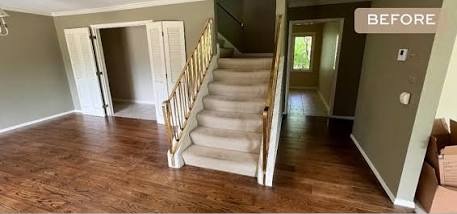 Open living & staircase, before renovation — supplied reference